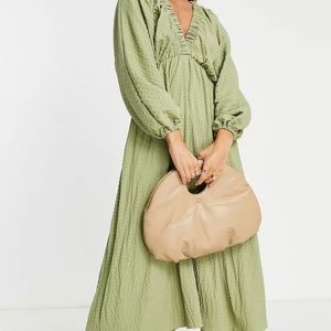 ASOS DESIGN textured plunge maxi dress with batwing sleeves in khaki